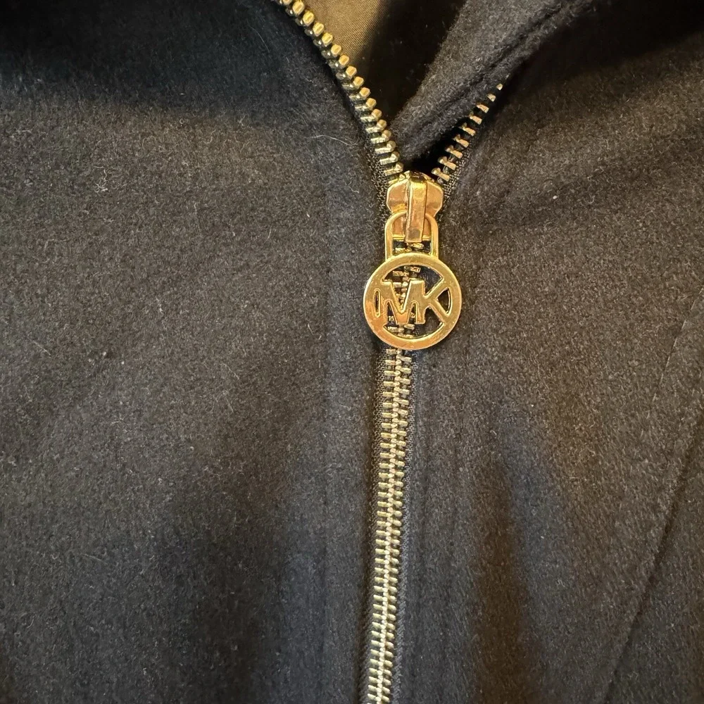 Michael Kors Asymmetrical Zip Hooded Coat Womens 6 Black Wool Blend‎ Gold Tone